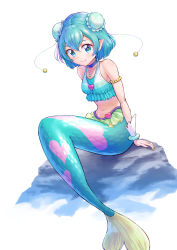 Rule 34 | 1girl, armlet, blue eyes, blue hair, bracelet, bun cover, choker, closed mouth, collarbone, crop top, double bun, full body, hagoromo lala, hair between eyes, hair bun, highres, itou shin&#039;ichi, jewelry, looking at viewer, mermaid, midriff, monster girl, multicolored hair, navel, pointy ears, precure, short hair, simple background, sitting, smile, solo, star-shaped pupils, star (symbol), star twinkle precure, stomach, streaked hair, symbol-shaped pupils, white background