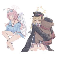 Rule 34 | 2girls, ahoge, bikini, black coat, black dress, black hat, blonde hair, blue archive, blue eyes, blue jacket, blush, closed mouth, coat, collarbone, collared shirt, dress, eyewear on head, hair bobbles, hair ornament, halo, hat, highres, hoshino (blue archive), hoshino (swimsuit) (blue archive), ibuki (blue archive), jacket, long hair, long sleeves, low twintails, multiple girls, neck ribbon, official alternate costume, one eye closed, open clothes, open jacket, open mouth, peaked cap, pink hair, pink halo, red ribbon, ribbon, roku 6, sandals, shirt, side ponytail, simple background, sleeves past fingers, sleeves past wrists, smile, stuffed animal, stuffed toy, sunglasses, swimsuit, teddy bear, twintails, twitter username, white background, white bikini, white shirt, yellow eyes, yellow halo