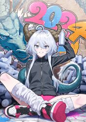Rule 34 | 1girl, 2024, ahoge, arm up, black jacket, blue eyes, blush, brick floor, brick wall, buruma, can, chinese zodiac, commentary request, cross-laced footwear, crossed ankles, demon horns, dragon, dragon tail, eastern dragon, graffiti, grin, hair between eyes, highres, holding, holding can, horns, jacket, kabu (niniko2ko), looking at viewer, loose socks, nail polish, on floor, original, paint splatter, parted lips, pink buruma, red nails, shoe soles, shoes, sidelocks, sitting, smile, sneakers, socks, solo, spray can, spray paint, straight-on, tail, teeth, too many, track jacket, white hair, white socks, year of the dragon