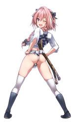 Rule 34 | 1boy, ;d, ass, astolfo (fate), black bow, black footwear, black ribbon, blush, boots, bow, braid, bulge, clothes writing, fang, fate/apocrypha, fate (series), from behind, full body, fundoshi, hair between eyes, hair bow, hair intakes, hair over shoulder, hair ribbon, hands on own hips, head tilt, highres, japanese clothes, knee boots, legs apart, long hair, long sleeves, looking at viewer, looking back, male focus, male underwear, midriff, multicolored hair, one eye closed, open mouth, pink hair, purple eyes, ribbon, rope, shirt, simple background, single braid, skin fang, smile, solo, standing, streaked hair, tango (tn500), thighhighs, trap, underwear, white background, white hair, white male underwear, white shirt, white thighhighs