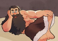 Rule 34 | 1boy, :p, bara, beard, belly, derivative work, dplaoag, dungeon meshi, dwarf, elbow rest, facial hair, foot out of frame, highres, knee up, long beard, looking at viewer, lying, male focus, mustache, navel, nipples, on side, pectorals, plump, screenshot redraw, senshi (dungeon meshi), solo, sparse navel hair, thick mustache, tongue, tongue out, topless male, very long beard