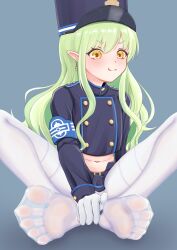 Rule 34 | 1girl, blue archive, feet, green hair, hat, highres, hikari (blue archive), kagura0, licking lips, light blush, long hair, looking at viewer, pantyhose, pointy ears, soles, toes, tongue, tongue out, white pantyhose, yellow eyes