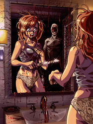 Rule 34 | 1girl, bare shoulders, blood, breasts, brown eyes, brown hair, cleavage, creepy, horror (theme), knife, mirror, no eyes, open mouth, otaking, silent hill