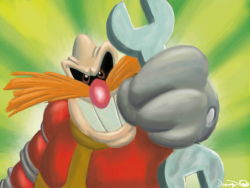 Rule 34 | 1boy, bald, black sclera, colored sclera, dr. eggman, facial hair, gloves, grin, looking at viewer, male focus, mustache, orange hair, sega, smile, solo, sonic (series), teeth, wrench