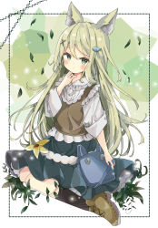 Rule 34 | 1girl, animal ear fluff, animal ears, bag, black skirt, black socks, blush, brown footwear, brown vest, closed mouth, commentary, fish hair ornament, full body, green eyes, green hair, hair between eyes, hair ornament, hand up, highres, long sleeves, looking at viewer, original, shirt, shoes, sitting, skirt, socks, solo, symbol-only commentary, thick eyebrows, tsukiyo (skymint), vest, wariza, white shirt, x hair ornament