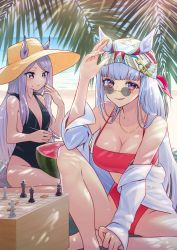 Rule 34 | 2girls, :3, alternate costume, animal ears, bandana, bandeau, bikini, black one-piece swimsuit, blush, board game, breasts, casual one-piece swimsuit, chess piece, cleavage, closed mouth, ears through headwear, food, fruit, glint, gold ship (umamusume), grey hair, hat, holding, holding spoon, horizon, horse ears, horse girl, horse tail, jacket, jewelry, knee up, large breasts, long hair, looking at viewer, mejiro mcqueen (umamusume), multiple girls, nabe puyo, necklace, off shoulder, one-piece swimsuit, outdoors, purple eyes, purple hair, red bikini, shogi, shogi piece, sitting, small breasts, spoon, sun hat, sunglasses, swimsuit, tail, tongue, tongue out, umamusume, watermelon, white jacket