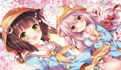 Rule 34 | 2girls, :d, :o, animal ears, azur lane, bell, blue shirt, blue sky, blush, bow, bowtie, brown hair, cat ears, cat girl, cat tail, commentary request, day, dutch angle, ears through headwear, fang, flower, green eyes, hair between eyes, hair bow, hair ribbon, hands up, hat, jingle bell, kindergarten uniform, kisaragi (azur lane), long hair, long sleeves, looking at viewer, low twintails, multiple girls, mutsuki (azur lane), neckerchief, nogi takayoshi, one side up, open mouth, outdoors, parted lips, pink flower, pink hair, pleated skirt, red bow, red eyes, red ribbon, ribbon, school hat, shirt, short twintails, skirt, sky, smile, tail, tail bell, tail bow, tail ornament, twintails, very long hair, yellow hat, yellow neckwear, yellow skirt