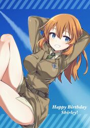 Rule 34 | 1girl, aohashi ame, arms behind head, birthday, blue eyes, blush, breasts, charlotte e. yeager, contrail, green necktie, grin, happy birthday, highres, large breasts, long hair, looking at viewer, military, military uniform, necktie, orange hair, shiny skin, sky, smile, solo, strike witches, uniform, world witches series