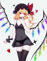 Rule 34 | 1girl, alternate costume, bare shoulders, black nails, black panties, black thighhighs, blonde hair, flandre scarlet, grey background, hat, hat ribbon, heart, highres, kfre (gehm8472), looking at viewer, mob cap, nail polish, navel, panties, red eyes, red nails, ribbon, see-through, sheya (style), simple background, smile, solo, thighhighs, touhou, underwear, white background, wings