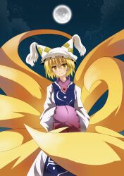 Rule 34 | 1girl, animal ears, animal hat, blonde hair, blue tabard, blush, closed mouth, commentary request, fox ears, fox tail, full moon, hands in opposite sleeves, hat, highres, jio (nayutarooo), long sleeves, looking at viewer, mob cap, moon, multiple tails, night, night sky, short hair, sky, smile, solo, star (sky), tabard, tail, touhou, yakumo ran