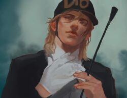 Rule 34 | 1boy, black jacket, blonde hair, closed mouth, commentary request, danart14020, diego brando, gloves, helmet, highres, holding, holding riding crop, holding whip, jacket, jojo no kimyou na bouken, lips, long sleeves, looking to the side, male focus, medium hair, realistic, riding crop, riding outfit, single glove, solo, standing, steel ball run, white gloves