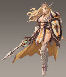 Rule 34 | 1girl, blonde hair, boots, breasts, cleavage, full body, highres, jay27, large breasts, original, shield, simple background, solo, sword, weapon