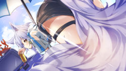 Rule 34 | 1girl, animal ears, arknights, ass, black shorts, blue sky, blush, can, cloud, commentary request, cooler, crab, day, hellnyaa, highres, holding, holding can, long hair, looking at viewer, official alternate costume, provence (arknights), provence (casual vacation) (arknights), purple hair, short shorts, shorts, sky, solo, tail, thigh strap, wolf ears, wolf tail, yellow eyes