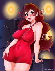 Rule 34 | 1girl, ahoge, antenna hair, blush, breasts, brown hair, condylonucla, covered navel, dress, earrings, friday night funkin&#039;, girlfriend (friday night funkin&#039;), hair between eyes, highres, jewelry, large breasts, long hair, looking at viewer, navel, open mouth, red dress, smile, solo, thick thighs, thighs, wavy hair