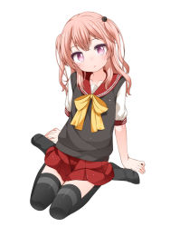 Rule 34 | 1girl, arm support, black sweater vest, black thighhighs, blush, bow, breasts, collarbone, commentary request, crossed bangs, full body, hair ornament, head tilt, inui sajuna, leaning back, long hair, looking at viewer, no shoes, pink eyes, pink hair, pleated skirt, red sailor collar, red skirt, sailor collar, school uniform, shadow, shiny clothes, shiny skin, shirt, shouji ayumu, simple background, sitting, skirt, small breasts, solo, sono bisque doll wa koi wo suru, sweater vest, thighhighs, wariza, white background, white shirt, yellow bow