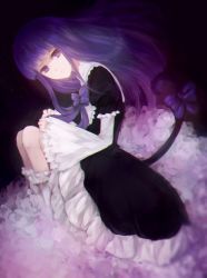 Rule 34 | 1girl, akiya (wls1906579), black background, black dress, blunt bangs, bow, bowtie, cat tail, closed mouth, dress, floating hair, flower, frederica bernkastel, gothic lolita, highres, layered sleeves, lolita fashion, long hair, long sleeves, looking at viewer, purple bow, purple bowtie, purple eyes, purple hair, short over long sleeves, short sleeves, sleeves past wrists, solo, straight hair, tail, tail bow, tail ornament, umineko no naku koro ni, white flower, white sleeves, wide sleeves
