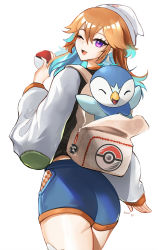 Rule 34 | 1girl, ;d, alternate costume, aqua hair, ass, back, backpack, bag, beanie, blue shorts, commentary, creatures (company), crossover, earrings, english commentary, feather earrings, feathers, from behind, game freak, gen 4 pokemon, hat, highres, holding, holding poke ball, hololive, hololive english, holomyth, jacket, jewelry, looking at viewer, looking back, multicolored hair, nintendo, one eye closed, open mouth, orange hair, piplup, poke ball, poke ball (basic), poke ball print, pokemon, pokemon (creature), purple eyes, shorts, simple background, smile, takanashi kiara, thighs, tommy (kingdukeee), two-tone hair, virtual youtuber, white background