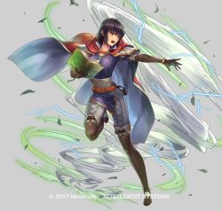 Rule 34 | 1girl, black hair, book, boots, bracelet, brown eyes, cape, company name, cuboon, fire emblem, fire emblem: thracia 776, fire emblem heroes, full body, gloves, grey background, jewelry, leaf, necklace, official art, olwen (fire emblem), open mouth, simple background, solo, teeth, wind