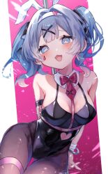 Rule 34 | 1girl, animal ears, black leotard, blue eyes, blue hair, blush, bound, bound wrists, breasts, cuffs, fake animal ears, hair ornament, handcuffs, hatsune miku, heart, heart-shaped pupils, highres, kuromu (96-94), leotard, looking at viewer, medium breasts, open mouth, pantyhose, playboy bunny, rabbit ears, rabbit hole (vocaloid), smile, solo, symbol-shaped pupils, teardrop facial mark, thigh gap, thigh strap, twintails, vocaloid, x hair ornament