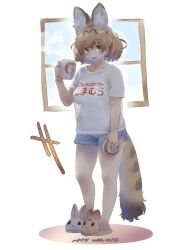 Rule 34 | 1girl, animal ear fluff, animal ears, animal slippers, blonde hair, blue shorts, blush, breasts, bunny slippers, commentary, cup, dot nose, extra ears, food, full body, hair between eyes, half-closed eyes, holding, holding cup, holding food, hot drink, japari bun, japari symbol, kemono friends, looking at viewer, medium breasts, medium hair, messy hair, morning, mug, no bra, nyororiso (muyaa), open mouth, plump, print shirt, see-through, see-through shirt, serval (kemono friends), serval print, shirt, short sleeves, shorts, slippers, smile, solo, standing, striped tail, tail, timestamp, translated, white background, white nails, white shirt, window, yellow eyes