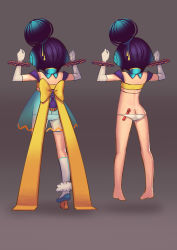 Rule 34 | 1girl, arms up, ass, back, blue hair, bow, bracelet, butt crack, dress, elbow gloves, fiodo, from behind, full body, gloves, grey background, hair bun, hair ornament, jewelry, kneehighs, panties, pigeon-toed, pixiv fantasia, pixiv fantasia sword regalia, see-through, simple background, single hair bun, socks, standing, underwear, vial, yellow bow