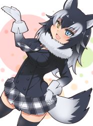 Rule 34 | 10s, 1girl, animal ears, between breasts, black hair, blue eyes, blush, breasts, cowboy shot, fang, fur collar, gloves, grey wolf (kemono friends), haruka (haruka channel), heterochromia, kemono friends, large breasts, long hair, long sleeves, looking at viewer, multicolored hair, necktie, necktie between breasts, open mouth, skirt, solo, tail, two-tone hair, wolf ears, wolf tail, yellow eyes