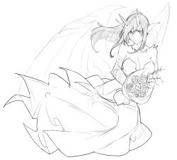 Rule 34 | 1girl, absurdres, animal ears, bare shoulders, bouquet, breasts, cleavage, closed mouth, commentary request, dragon horns, dragon wings, dress, fins, floating hair, flower, greyscale, head fins, highres, holding, horns, large breasts, less, long hair, looking at viewer, monochrome, ponytail, rose, scales, simple background, smile, solo, spikes, wedding dress, white background, wings