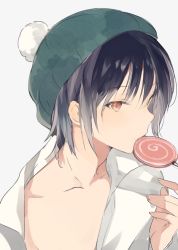 Rule 34 | 1boy, androgynous, beanie, black hair, brown eyes, candy, collarbone, dress shirt, food, food in mouth, from side, grey background, hat, lollipop, looking to the side, lpip, male focus, mouth hold, open clothes, open shirt, original, parted lips, shirt, sidelocks, simple background, solo