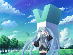 Rule 34 | 1girl, cloud, day, hatsune miku, kageira, long hair, one eye closed, open mouth, sky, solo, spring onion, statue, thighhighs, tree, twintails, very long hair, vocaloid, wink