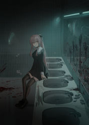 Rule 34 | 1girl, :d, absurdres, black bow, black dress, black footwear, blood, blood splatter, blush, bow, breasts, brown eyes, brown thighhighs, chihuri, commentary request, crack, dress, faucet, garter straps, hair between eyes, hair bow, highres, indoors, long hair, long sleeves, looking at viewer, medium breasts, mirror, open mouth, original, pink hair, ponytail, reflection, shoes, sink, sitting, smile, solo, thighhighs, tile wall, tiles, very long hair, yana (chihuri)