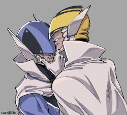 Rule 34 | 2boys, blue keeper, cape, gloves, grabbing another&#039;s chin, grey background, grin, hand on another&#039;s chin, hayaichi (27hc), helmet, highres, male focus, multiple boys, scar, scar on face, sentai dai shikkaku, simple background, smile, white cape, white gloves, yellow keeper
