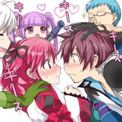 Rule 34 | 2boys, 3girls, akina tsukako, asbel lhant, blue hair, blush, brothers, cheria barnes, gloves, hair ribbon, hubert ozwell, malik caesars, multicolored hair, multiple boys, multiple girls, pascal (tales), pink hair, purple eyes, purple hair, ribbon, richard (tales), short hair, siblings, sophie (tales), sweat, tales of (series), tales of graces, twintails, two-tone hair, white background, white hair