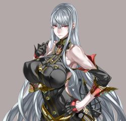 Rule 34 | 1girl, black gloves, breasts, closed mouth, covered erect nipples, fold-over gloves, gloves, grey background, grey hair, hair between eyes, half gloves, hand on own hip, hand up, highres, honjou raita, impossible clothes, large breasts, long hair, looking at viewer, perky breasts, red eyes, selvaria bles, senjou no valkyria, senjou no valkyria (series), senjou no valkyria 1, simple background, solo, sword, very long hair, weapon