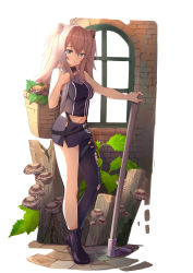 Rule 34 | 1girl, absurdres, ahoge, ame., animal ear fluff, animal ears, bare arms, bare shoulders, basket, black footwear, black pantyhose, black shirt, black skirt, boots, breasts, brick wall, cleavage, commentary request, full body, grey eyes, grey hair, hair between eyes, highres, hoe, hololive, lion ears, long hair, looking at viewer, mushroom, pantyhose, parted lips, see-through, see-through cleavage, shirt, shishiro botan, shishiro botan (1st costume), single leg pantyhose, skirt, sleeveless, sleeveless shirt, small breasts, solo, standing, torn clothes, torn pantyhose, tree stump, virtual youtuber, white background, window