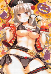 Rule 34 | 1girl, belt, bikini, blush, breasts, brown eyes, cleavage, collarbone, comic penguin club, flower, frills, glasses, grey hair, hair flower, hair ornament, hat, highres, holding, jacket, jacket on shoulders, long hair, looking at viewer, medium breasts, navel, open mouth, original, pirate hat, scan, solo, swimsuit, thigh strap, weapon, wrist cuffs, yan-yam