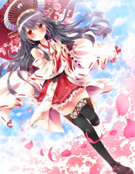 Rule 34 | 10s, 1girl, black hair, black thighhighs, blush, detached sleeves, dutch angle, frilled skirt, frills, haruna (kancolle), headgear, kantai collection, long hair, looking at viewer, nogi takayoshi, nontraditional miko, oil-paper umbrella, petals, red eyes, skirt, solo, standing, standing on one leg, thighhighs, umbrella, zettai ryouiki