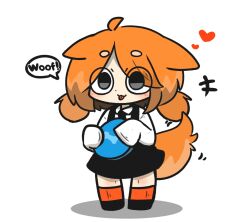 Rule 34 | +++, 1girl, :p, ahoge, animal ears, black dress, black footwear, blush, chibi, closed mouth, collared shirt, commentary request, dog ears, dog girl, dog tail, dress, full body, grey eyes, heart, highres, holding, long sleeves, low twintails, orange hair, orange socks, original, parted bangs, shadow, shirt, shoes, short eyebrows, short twintails, simple background, sleeveless, sleeveless dress, sleeves past fingers, sleeves past wrists, smile, socks, solo, standing, tail, thick eyebrows, tongue, tongue out, twintails, uni souchou, white background