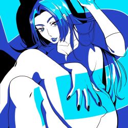 Rule 34 | 1girl, blending, blue theme, commentary, dress, flat color, hand on own hip, highres, lipstick, long hair, looking at viewer, makeup, nail polish, original, risumonchis, second-party source, short dress, solo, thighhighs