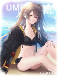 Rule 34 | 1girl, arisato yui, artist name, bad id, bad pixiv id, bikini, black bikini, black jacket, black nails, breasts, brown hair, character name, cleavage, closed mouth, collarbone, commission, floating hair, girls&#039; frontline, hair between eyes, highres, jacket, long hair, long sleeves, nail polish, one eye closed, open clothes, open jacket, scar, scar across eye, scar on face, side-tie bikini bottom, side ponytail, skeb commission, small breasts, smile, solo, swimsuit, ump45 (girls&#039; frontline), very long hair, yellow eyes