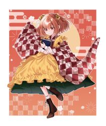 Rule 34 | 1girl, apron, bell, book, boots, border, brown footwear, checkered clothes, checkered kimono, closed mouth, egasumi, frilled apron, frills, full body, furisode, gradient background, green skirt, hair bell, hair ornament, highres, holding, holding book, japanese clothes, jingle bell, kimono, light smile, long sleeves, medium hair, motoori kosuzu, orange background, orange eyes, orange hair, outline, outside border, pleated skirt, red background, red kimono, skirt, socks, solo, standing, standing on one leg, touhou, two side up, white border, white outline, white socks, yellow apron, yoshino (q sci)