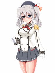 Rule 34 | 1girl, blue eyes, breasts, buttons, cowboy shot, epaulettes, gloves, grey skirt, jacket, kantai collection, kashima (kancolle), large breasts, long sleeves, military jacket, miniskirt, neckerchief, pleated skirt, red neckerchief, sidelocks, silver hair, simple background, skirt, smile, solo, standing, tsurime, twintails, wavy hair, white background, white gloves, white jacket, yaeba