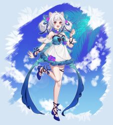 Rule 34 | 1girl, :d, absurdres, animal ears, ankle ribbon, bare shoulders, bcy, black ribbon, blue footwear, blue sky, cat ears, clenched hand, clothing cutout, cloud, coconut tree, dress, flower, full body, hand up, highres, leg ribbon, looking at viewer, low twintails, nail polish, open mouth, palm tree, purple flower, qiuying, red eyes, ribbon, ruan miemie, shoulder cutout, sky, smile, solo, standing, standing on one leg, tree, twintails, white dress, white hair