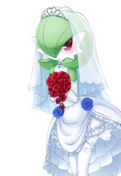 Rule 34 | 1girl, bare shoulders, blue flower, blue gemstone, blue rose, blush, bouquet, bridal veil, bride, choker, closed mouth, clothed pokemon, colored skin, creatures (company), detached sleeves, dress, female focus, flat chest, floral print, flower, game freak, gardevoir, gem, gen 3 pokemon, green skin, hands up, happy, heart, heart in eye, highres, holding, holding bouquet, layered dress, leaning forward, legs together, muguet, multicolored skin, nintendo, pokemon, pokemon (creature), red eyes, red flower, red rose, rose, rose print, see-through, simple background, smile, solo, standing, symbol in eye, thighhighs, tiara, two-tone skin, veil, wedding dress, white background, white choker, white dress, white skin, white sleeves, white thighhighs