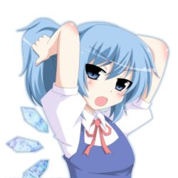 Rule 34 | 1girl, adjusting hair, arms up, blue dress, blue eyes, blue hair, blush, cirno, dress, fang, ice, ice wings, looking at viewer, masiromu, matching hair/eyes, open mouth, ponytail, ribbon, short hair, simple background, solo, touhou, tying hair, white background, wings