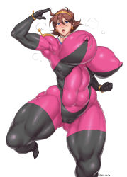 Rule 34 | 1girl, blue eyes, bodysuit, breasts, brown hair, cleft of venus, covered erect nipples, curvy, earrings, g gundam, gundam, highres, jewelry, large breasts, lips, long hair, natedecock, parted lips, puffy nipples, rain mikamura, simple background, solo, thick thighs, thighs, white background, wide hips