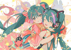Rule 34 | 2girls, animal ear fluff, animal ears, aqua eyes, aqua hair, balabling, bare shoulders, blush, bow, closed eyes, commentary, detached sleeves, dress flower, english commentary, facing viewer, grin, hair between eyes, hair bow, hair ornament, hatsune miku, headphones, hug, long hair, looking at viewer, multiple girls, open mouth, puffy short sleeves, puffy sleeves, rabbit ears, short sleeves, shoulder tattoo, smile, tattoo, twintails, vocaloid