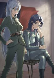 Rule 34 | 2girls, absurdres, belt, black footwear, blue eyes, blue hair, boots, breasts, brown belt, character request, closed mouth, crossed legs, feet out of frame, floor, green eyes, hand on own hip, highres, long hair, looking at viewer, military, military uniform, multiple girls, oshiro project:re, oshiro project:re, ponytail, republic of china flag, sauvignon, silver hair, sitting, smile, standing, uniform, very long hair