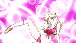 Rule 34 | 10s, 1girl, animated, animated gif, ass, ass cutout, ass shake, bent over, blonde hair, blush, boobies uniform, breasts, cameltoe, cleavage, clothing cutout, female focus, from behind, front-tie top, hairband, heart, heart cutout, honey (space dandy), large breasts, leg lift, legs, lipstick, long hair, looking at viewer, lowres, makeup, midriff, navel, one eye closed, red eyes, short shorts, shorts, simple background, sitting, smile, solo, space dandy, thighs, wink