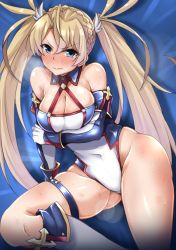 Rule 34 | 1girl, bare shoulders, blonde hair, blue eyes, blush, boots, bradamante (fate), bradamante (first ascension) (fate), braid, breasts, bruise, cleavage, covered navel, cuts, elbow gloves, fate/grand order, fate (series), gloves, hair ornament, highres, injury, leotard, lying, medium breasts, navel, on back, single boot, solo, steam, sweat, twintails, yunodon (sugar maple)