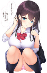 Rule 34 | 1girl, adjusting hair, bag, black socks, blue eyes, blue skirt, blush, breasts, collared shirt, commentary request, dress shirt, feet out of frame, hicha nomu, holding, holding bag, kneehighs, large breasts, long hair, looking at viewer, neck ribbon, original, panties, pantyshot, parted lips, pink panties, plaid, plaid skirt, pleated skirt, red ribbon, ribbon, school uniform, shirt, simple background, skirt, smile, socks, solo, speech bubble, squatting, straight hair, translated, underwear, upskirt, white background, white shirt